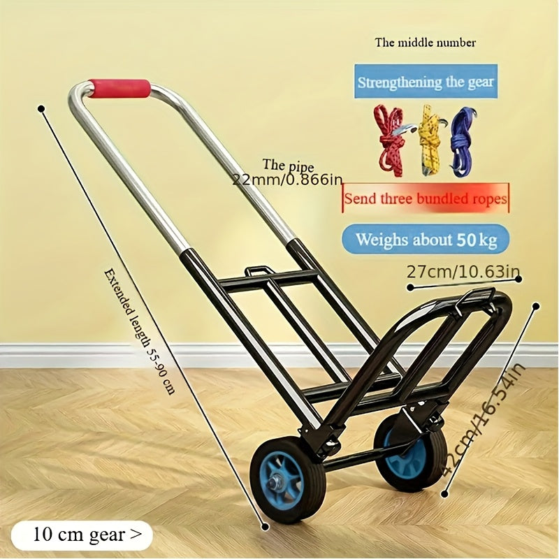 Iron frame trolley that is versatile and convenient, with a foldable and retractable design for easy portability when shopping or traveling with luggage. Equipped with dual rubber wheels and able to support up to 95.0 KG.