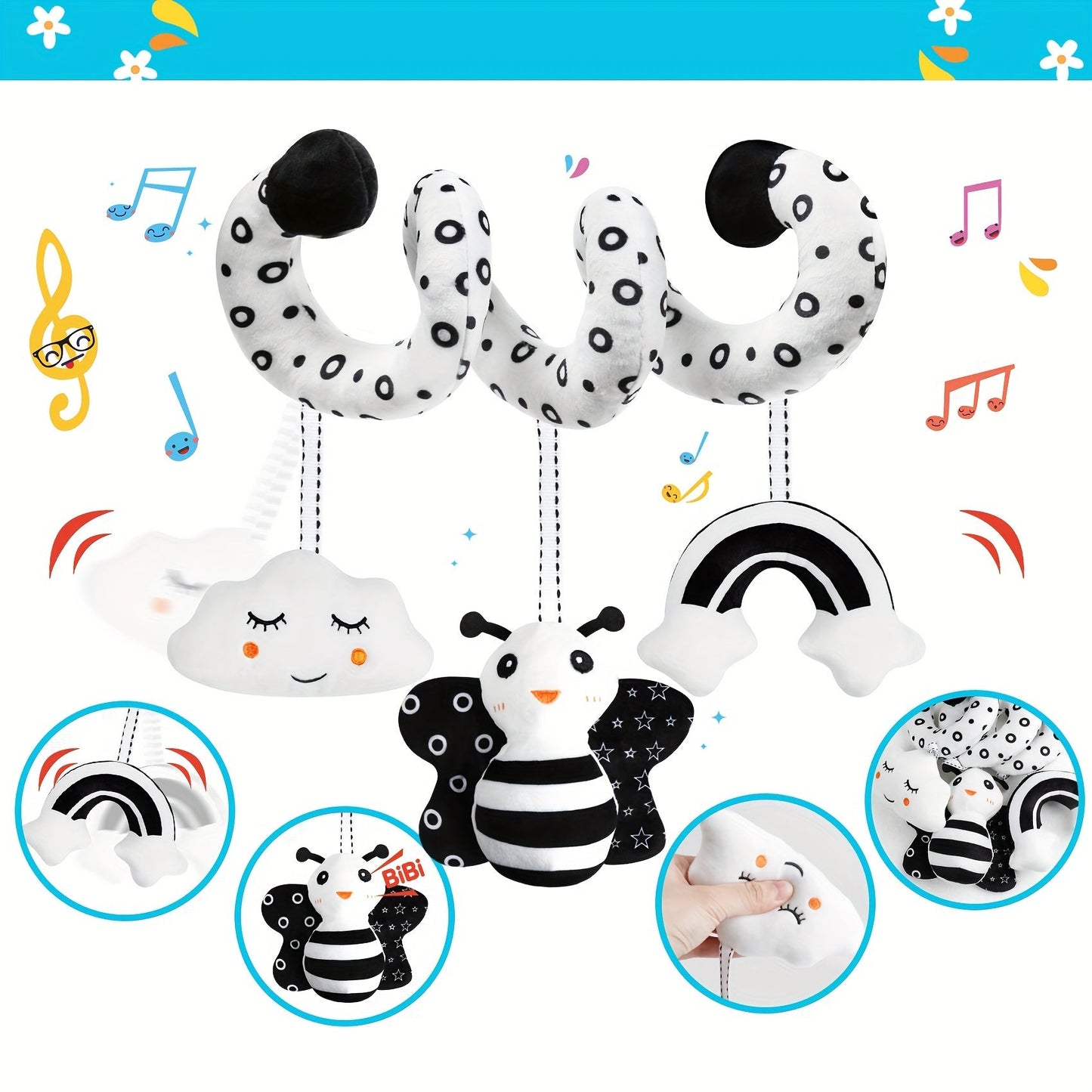 Newborn plush activity toy for bed, bassinet, crib, or baby carrier. This black and white high contrast spiral hanging stroller and car seat toy is perfect for stimulating your baby's developing senses. Great as a gift for new parents.