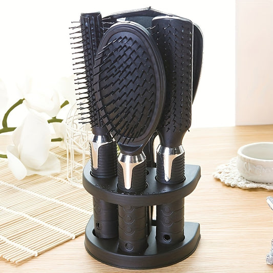 Professional salon hair styling set includes 4 scent-free brushes for all hair types with mirror, holder, and black hairbrush.