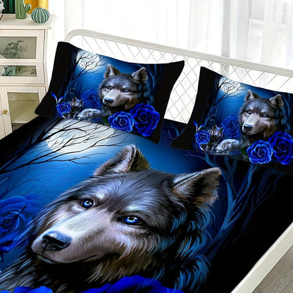 Set of 3 Mystical Wolf & Blue Rose Bedding - Includes Soft, Breathable Polyester Fitted Sheet and Pillowcases, High-Definition Digital Print, All-Season Comfort for Bedroom or Guest Room