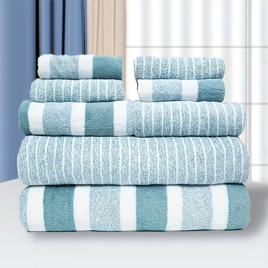 Set of 8 Striped Coral Velvet Towels including 2 Bath Towels, 2 Hand Towels, and 4 Washcloths. These soft, absorbent, and quick-drying towels are perfect for your household and also make great bathroom accessories or holiday gifts.