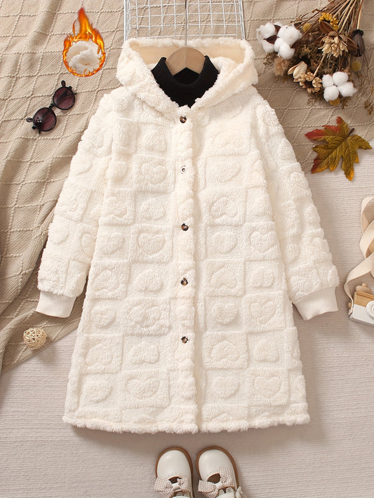 Girls' cozy fleece-lined hooded jacket in solid color with button-up long sleeves, pockets, knee-length, perfect for fall/winter. Regular style, not for deal.