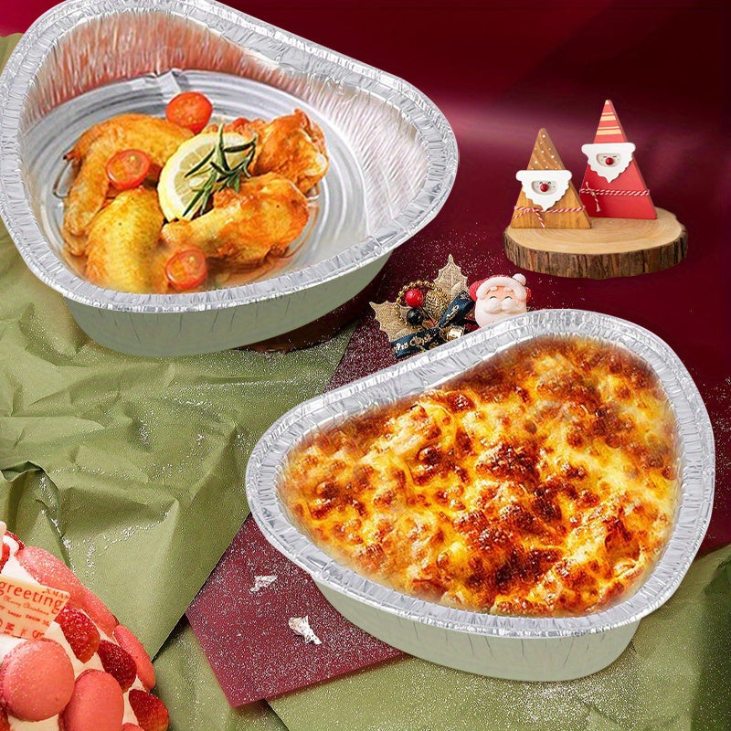 Heart-Shaped Large Sheet Trays in a Christmas Theme, Made of Aluminum Foil, Microwave Safe, Lead-Free, Perfect for Heating and Festive Party Decor