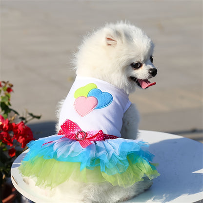 Pink and blue heart lips tulle dog dress, suitable for small to extra-small breeds in spring, summer, and fall.