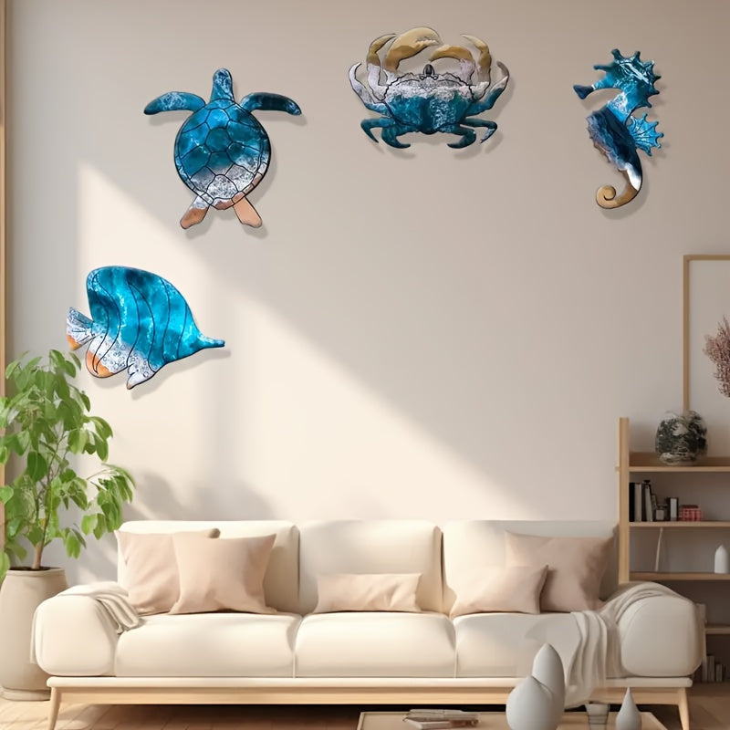 Ocean creatures such as sea turtles, crabs, seahorses, and swordfish, along with artistic jewelry, metal artworks, and outdoor wall decorations.