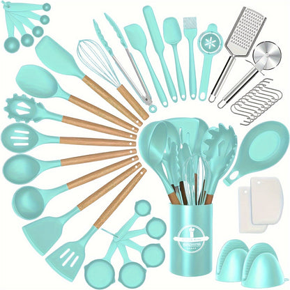 Set of 43 Silicone Cooking Utensils with Wooden Handle - Non-Stick and Heat Resistant Spatula Set for Baking, Cooking, and Mixing. Includes Holder for Best Kitchen Gadgets and Accessories.