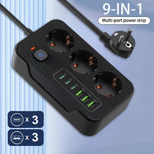 New multifunctional power board with 3 power outlets and compatibility with 3 USB-A and 3 TYPE-C devices. Features automatic short circuit protection and suitable for various settings