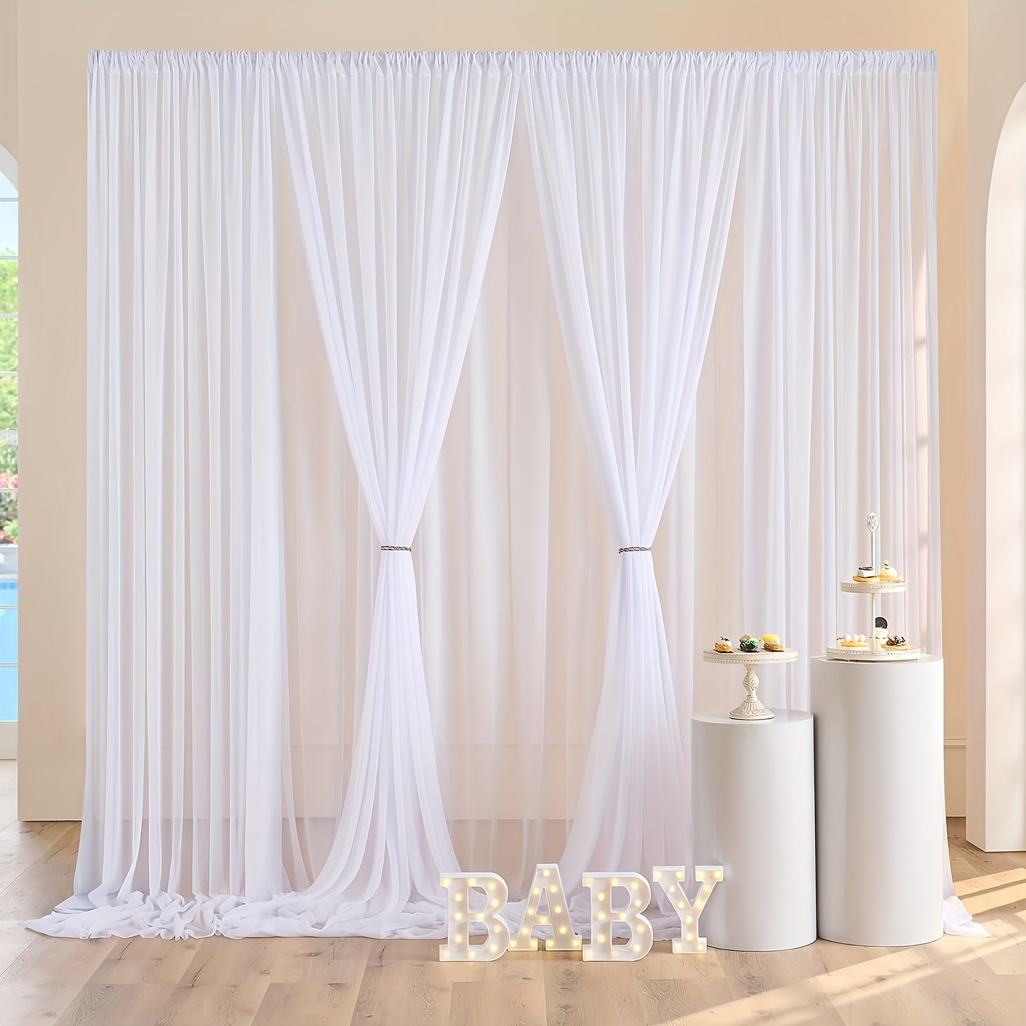 2 elegant white tulle backdrop curtains - ideal for weddings, baby showers, and photo backdrops.