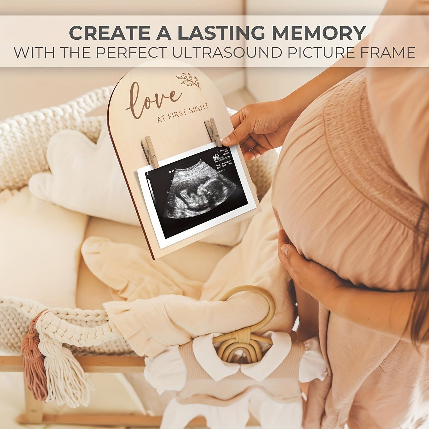 Wooden Ultrasonic Photo Frame with Beautiful Double-Sided Logo for Pregnancy Announcement, Perfect Pregnancy Gift for New Mothers, Room Decor Enhanced with Charming Wooden Ultrasound Frame.