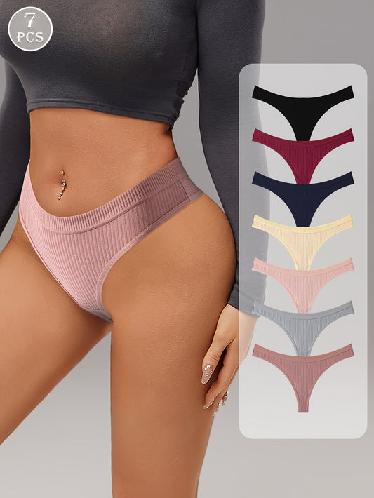 7-Pack of Sexy Low-Rise Thong Underwear in Solid Colors for Women