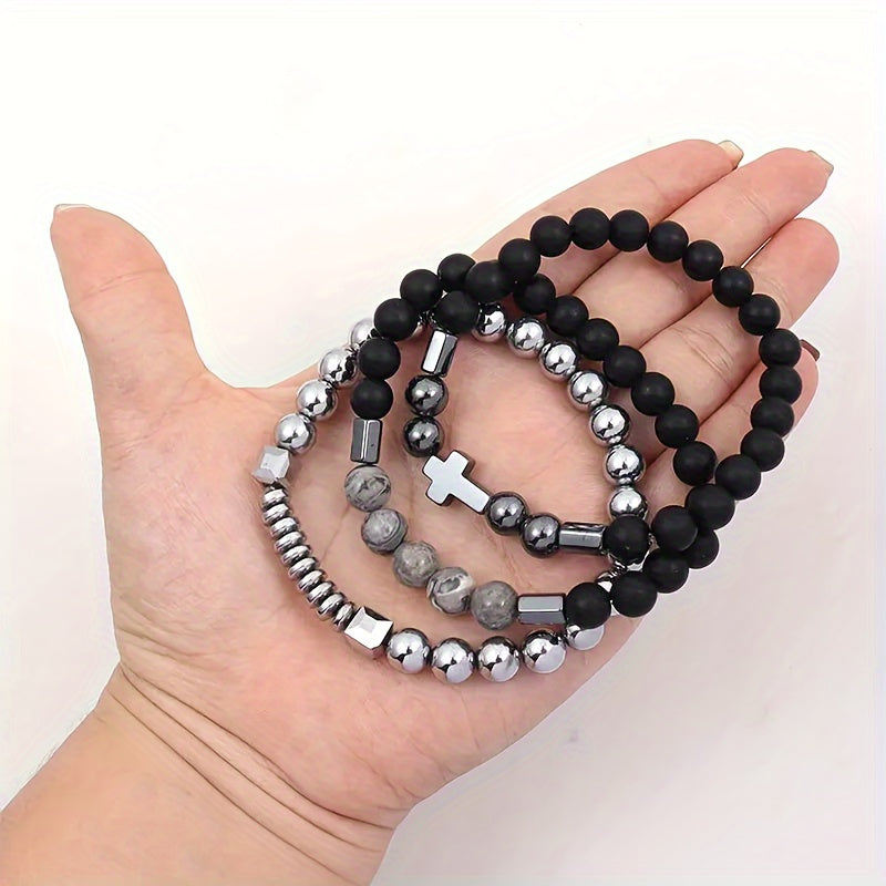 Matte Beaded Bracelet Set with Stone Cross Pendants - Stylish and Versatile Jewelry Gift