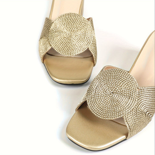 Stylish golden mid-heel sandals with linen woven fabric, open toe, and slip-on design.