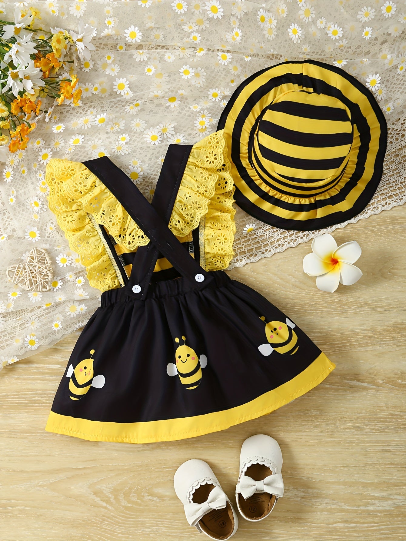 2pc Bee & Ladybug Themed Summer Dress Set for Girls - Striped, Ruffle-Trimmed with Matching Sun Hat, Polyester, Machine Washable