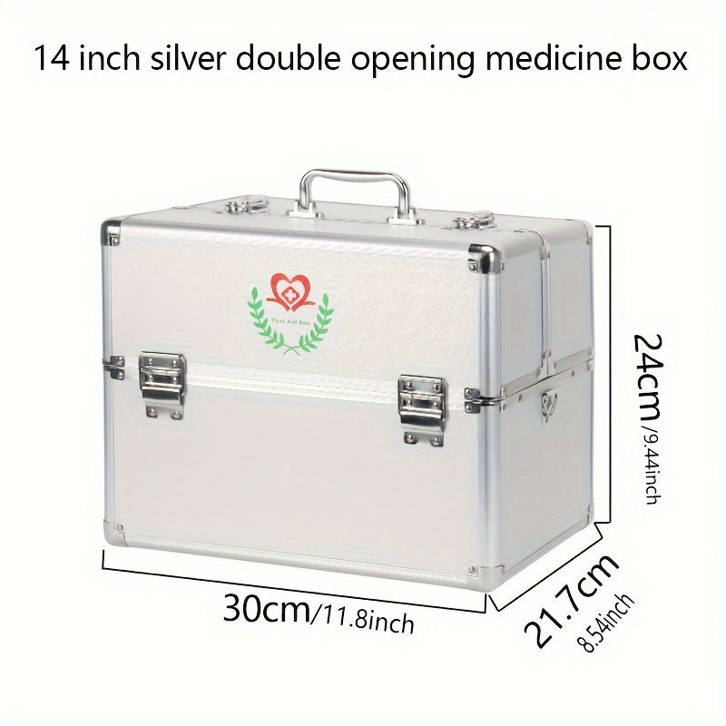 Portable aluminum first aid kit with multiple storage layers for indoor and outdoor use.