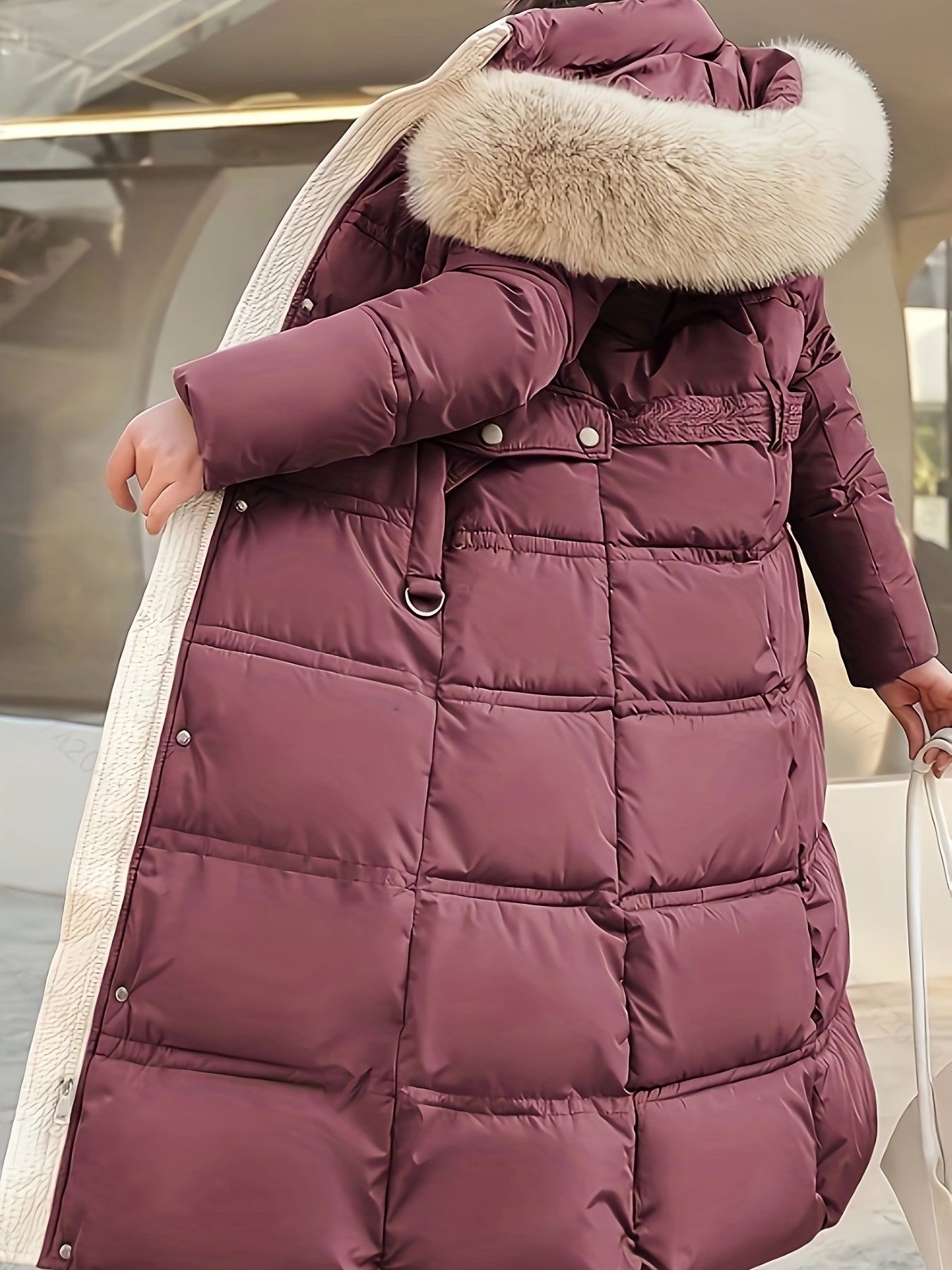 Women's Long Hooded Parka with Removable Fur Trim in Purple, Windproof and Insulated for Outdoor Winter Activities.