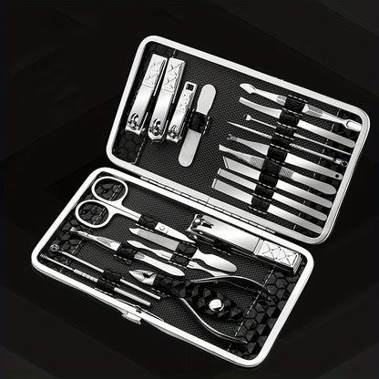 Manicure and pedicure set with nail clippers, files, ear spoon, and portable case for nail care at home or on-the-go.