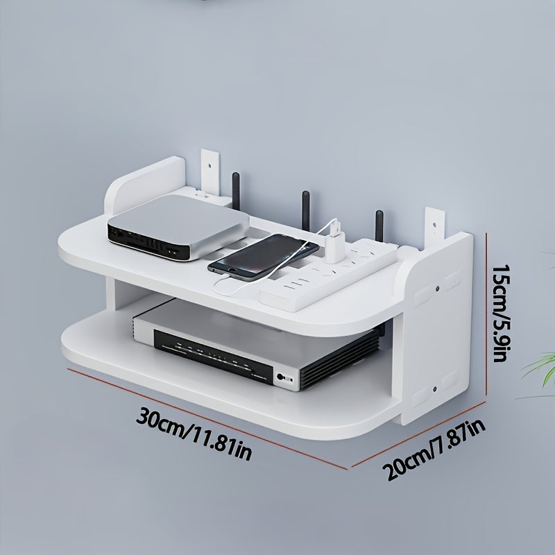 2-tier wall-mounted rack with cable management for routers and set-top boxes - no drilling required.