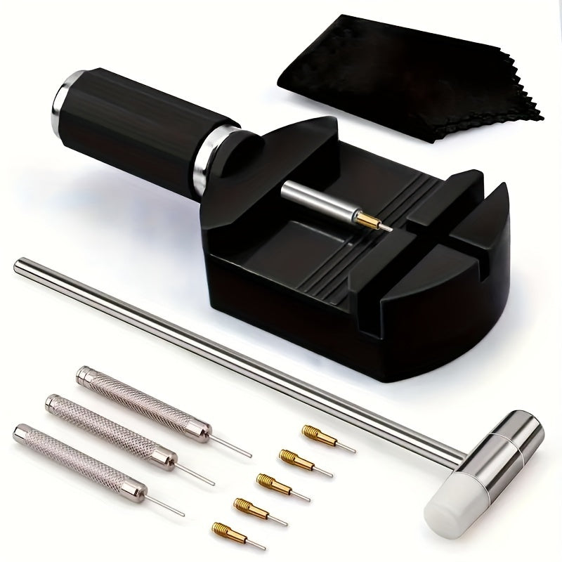 Watch Link Removal Tool Kit including 11 pieces, perfect for removing watch links and repairing watch bands. This tool kit is ideal for adjusting watch straps, resizing bracelets, and general watch repairs. A great choice for gifts.