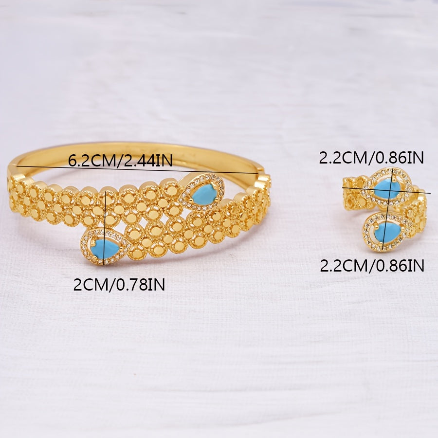 A summer fashion set for women in a Middle Eastern direction, featuring a blue turquoise and zirconia bracelet and ring made of copper. This bohemian style set is perfect for gift giving and daily wear.