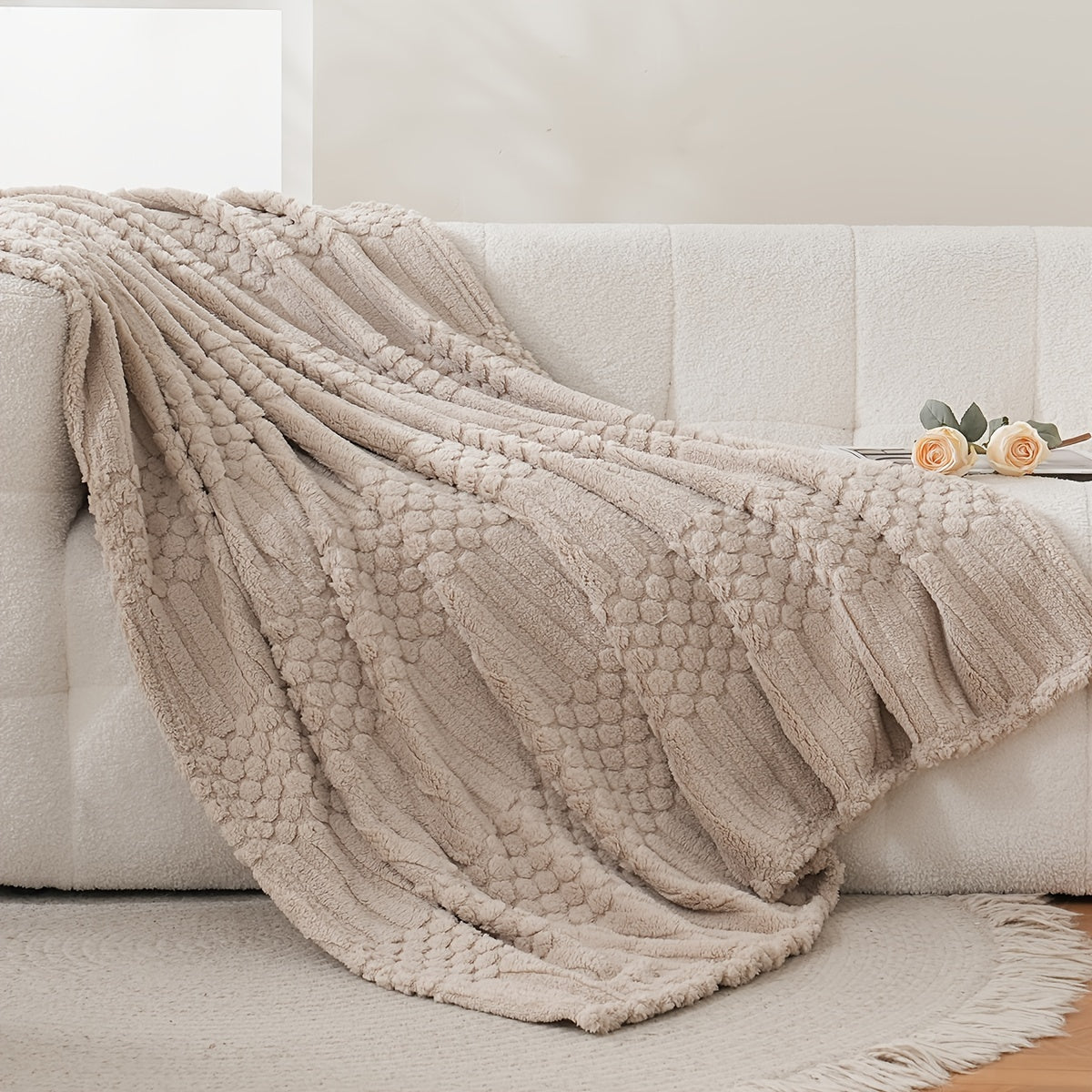 Cozy up with our luxurious Soft Apricot Taffeta Throw Blanket, perfect for the colder seasons. This blanket features a stylish Jacquard Dot Stripe design that will add a touch of elegance to your space. Made from skin-friendly plush material, this