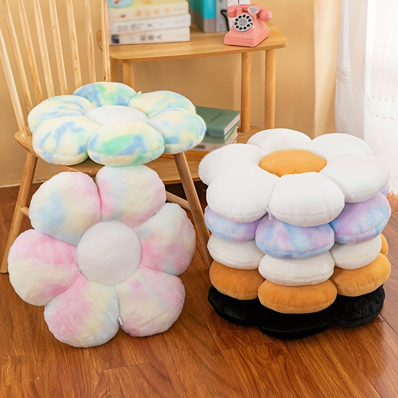 Flower-shaped plush pillow in pastel tie-dye, hypoallergenic, ideal for home decor and gifts. Dry clean only.