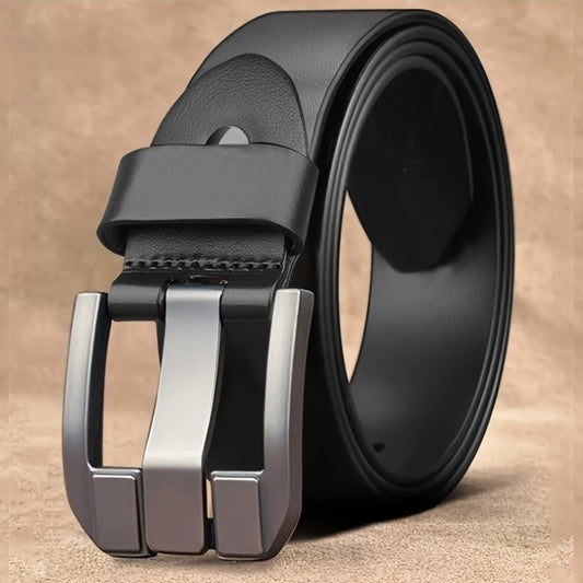 Black PU leather belt with square alloy buckle for casual and business attire.