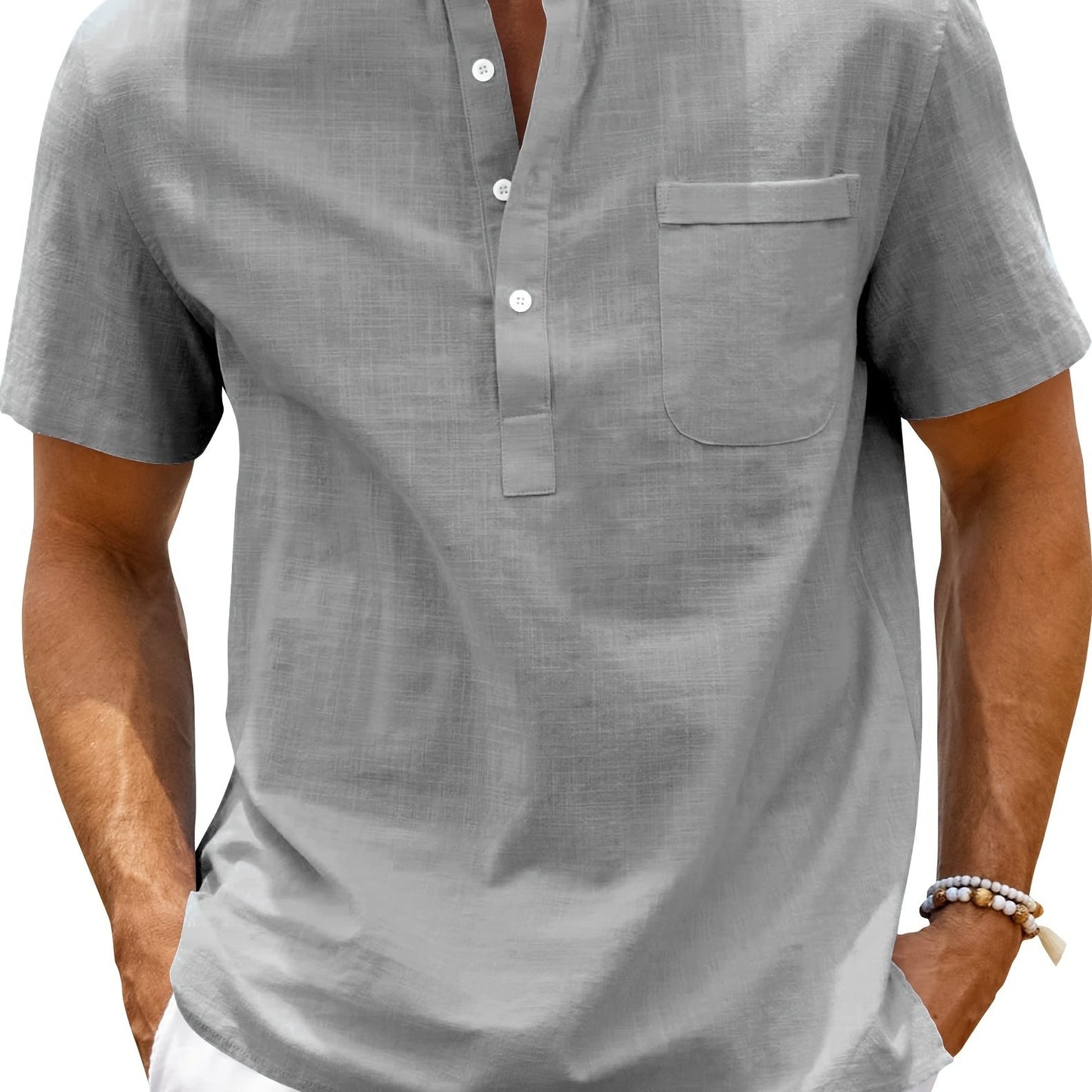 Men's loose fit cotton short sleeve shirt with stand collar and pocket, perfect for summer beach vacation.