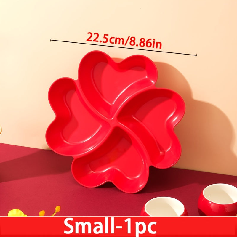 Heart-shaped 4-section plastic snack serving tray, perfect for parties and events, suitable for all seasons, can hold nuts, candy, dried fruits, and salads. Ideal for weddings, engagements, and Diwali celebrations.