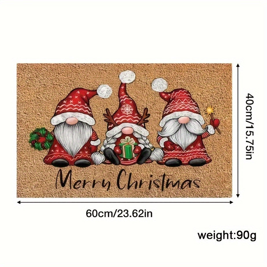 1 or 2 pieces of Christmas Gnome Welcome Doormat, designed for indoor and outdoor use. This washable low pile mat features non-slip rubber backing and is absorbent, making it suitable for use as a bath mat, RV mat, farmhouse kitchen rug, or in the