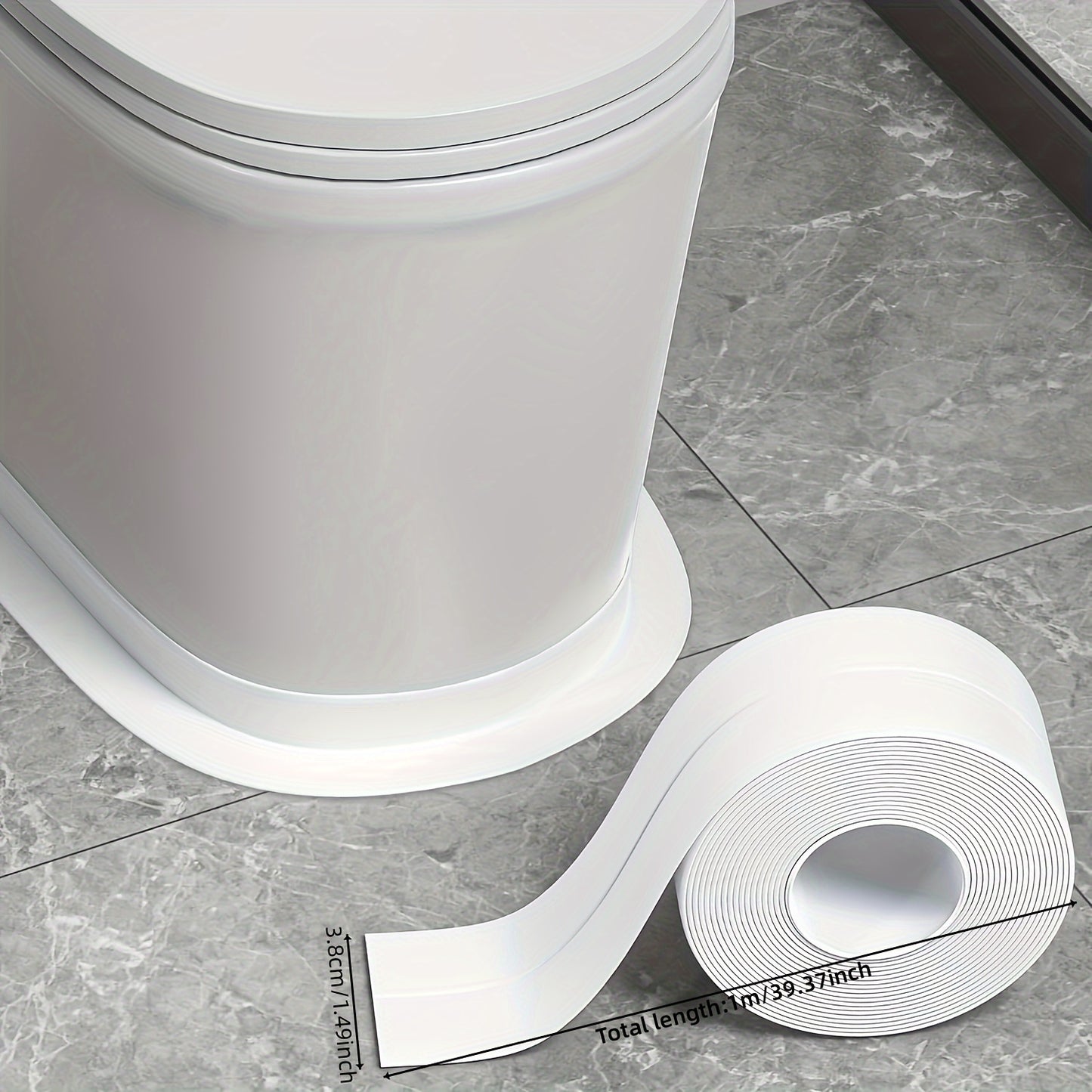 Self-adhesive white PVC waterproof sealing strip for showers, sinks, kitchens, and bathrooms. Suitable for home and commercial use. Easy to install.