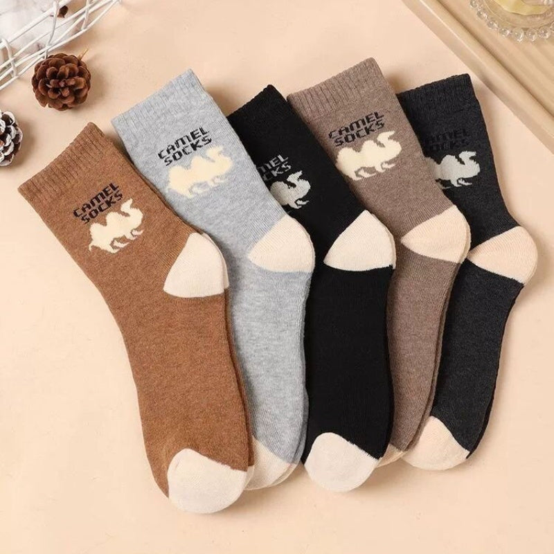 Men's 5-pack winter animal design socks with camel pattern, thick knit polyester material, warm plush terry loop, hand wash only, one size fits all.