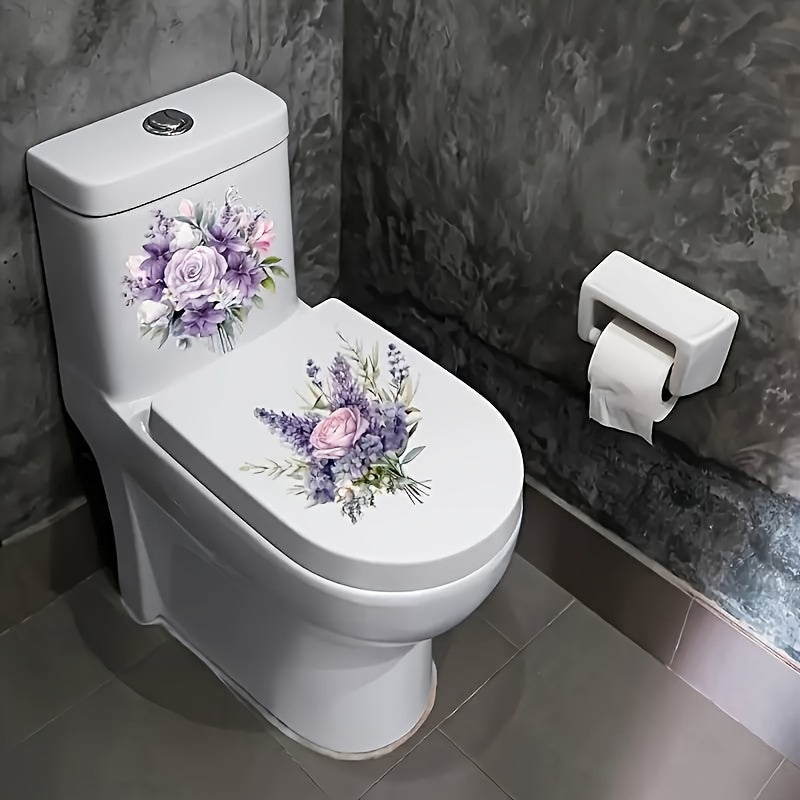 Purple floral and leaf bathroom decals for home decor, waterproof toilet lid stickers.