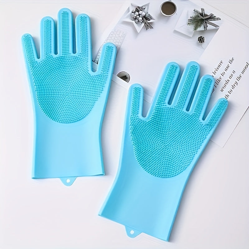 Get two durable and waterproof silicone dishwashing gloves in pink and blue colors. These ambidextrous gloves are BPA and lead-free, making them safe for use in the kitchen, bathroom, outdoors, and even in your car. They are wear-resistant and perfect