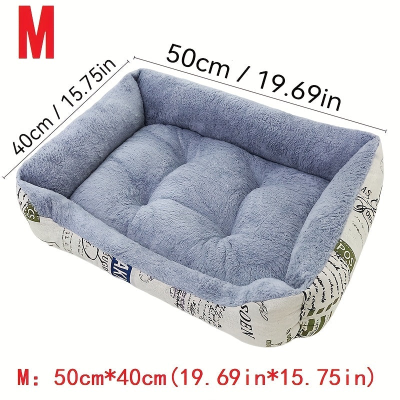 Soft light blue dog bed with newspaper print border, suitable for small, medium, and large dogs. Provides all-season warmth and comfort. Stylish and warm pet cushion.