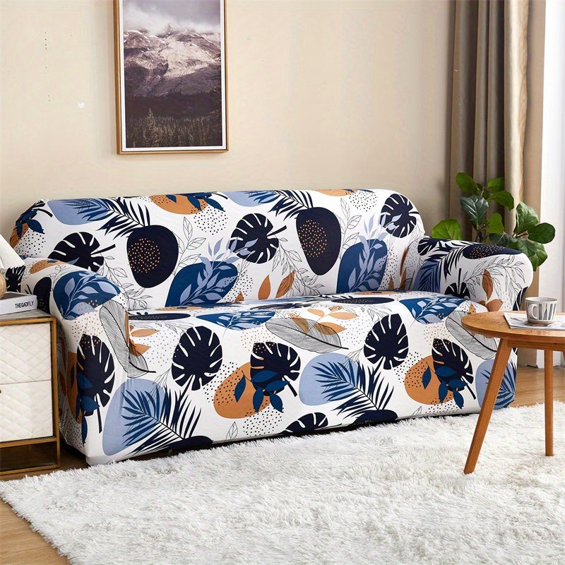 Modern printed sofa slipcover with elastic closure, made of 95% polyester and 5% spandex. Machine washable with active printing and stitched craftsmanship. Fits armchairs to sectional sofas, weighing 100-120gsm fabric.