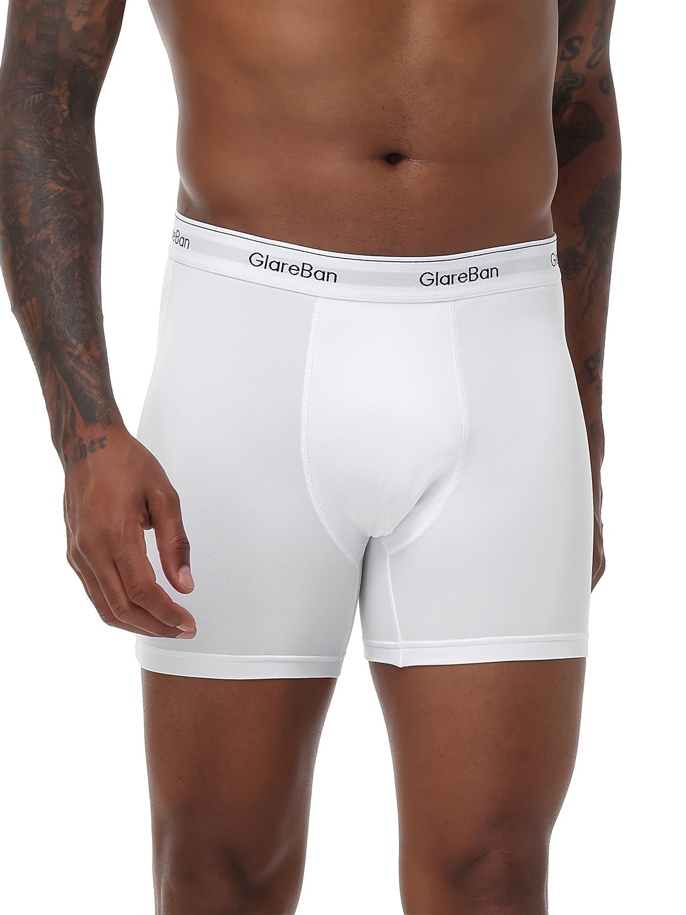 5 Men's white boxer briefs made of comfortable polyester and elastane blend, machine washable.