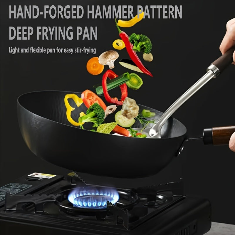 Durable Cast Iron Wok - 27.94cm Hammered Non-Stick Deep Frying Pan, Hand-Forged for Induction, Gas, Electric, and Halogen Cookers - Versatile Kitchen Cookware