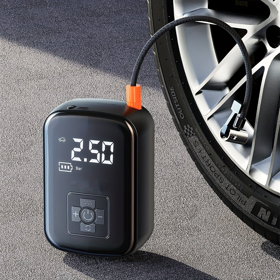 150W portable car tire inflator with LED light, USB rechargeable, safe and efficient for various inflatables.