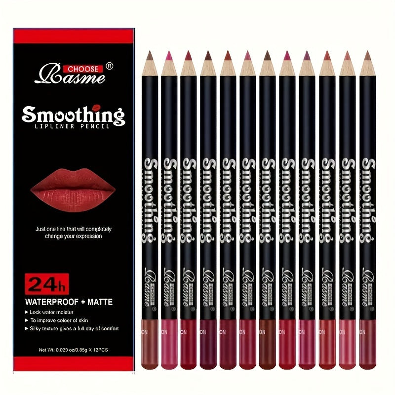 12pc Matte Lip Liner Pencil Set with assorted mocha shades for lip contouring and definition, perfect gift for women.