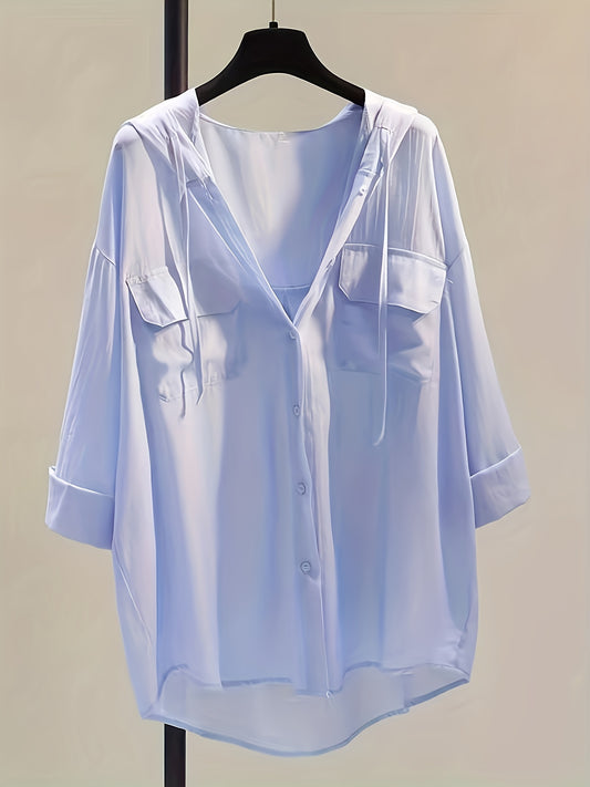 Women's lightweight sun protection shirt with hood, solid color, button-up style with chest pockets, made of semi-sheer polyester, suitable for spring/summer/fall, machine washable.