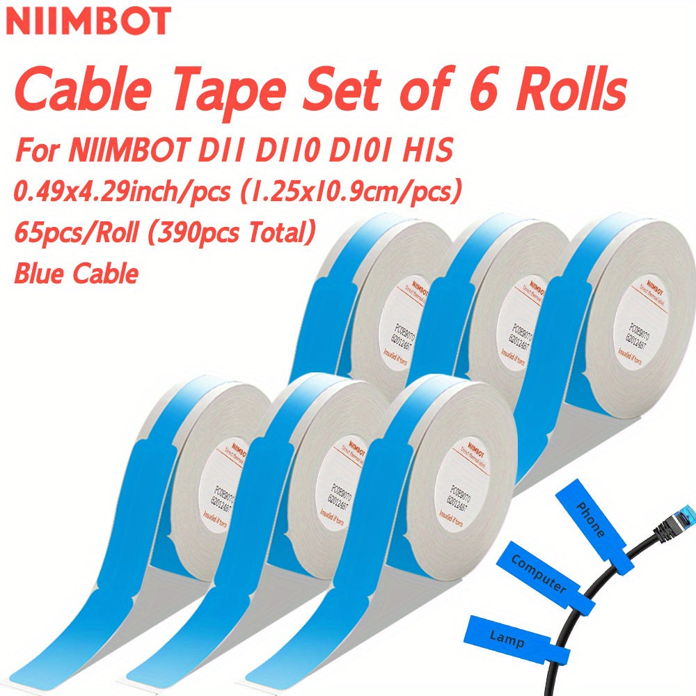 High-quality 6-piece NIIMBOT Thermal Label Tape Set for D11, D110, D101, H1S Printers. Features 1.19x10.9cm white labels with automatic identification chip. Ideal for home, school, office