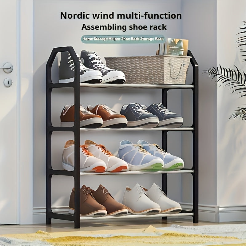 A stackable shoe rack with 4 tiers perfect for organizing shoes in dorms, bedrooms, entryways, hallways, and closets.