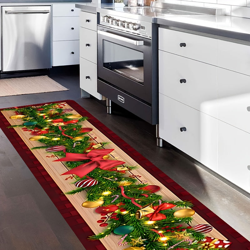 Get into the holiday spirit with this Christmas-themed runner rug featuring a festive tree, ornaments, and bow design. Made from low pile, tufted polyester, this machine washable rug is also non-slip and stain resistant, making it perfect for hallways