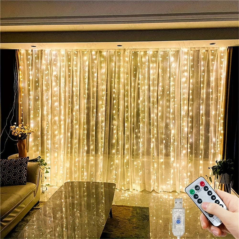 200 Warm White USB Curtain String Lights with Remote Control - Perfect for Room, Bedroom, Christmas, Halloween, Home Decor, Wedding, Party, Birthday, and Graduation.