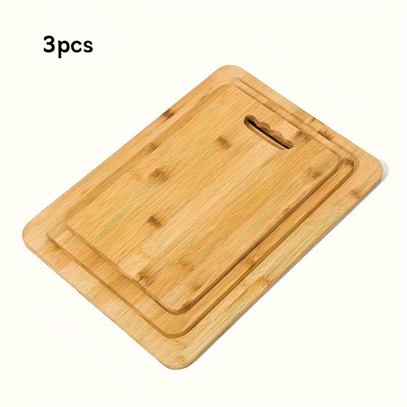 3 pieces of bamboo cutting boards ideal for chopping, slicing and serving meat, cheese, bread, vegetables and fruits. Perfect for home, dormitory or kitchen use, these cutting boards make great gifts for family members and are perfect for Christmas.