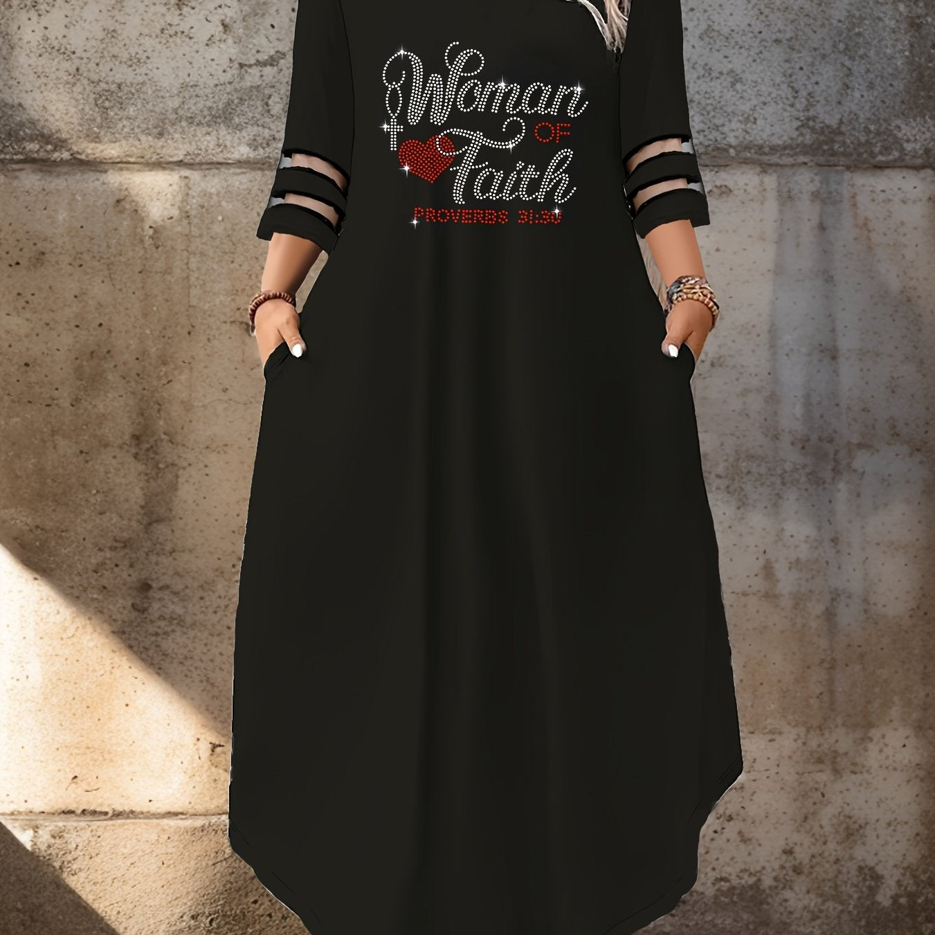 Women's Midi Dress with Rhinestone Slogan, Sheer Mesh Detail, Stretchy Polyester Blend, Round Neck - Machine Washable