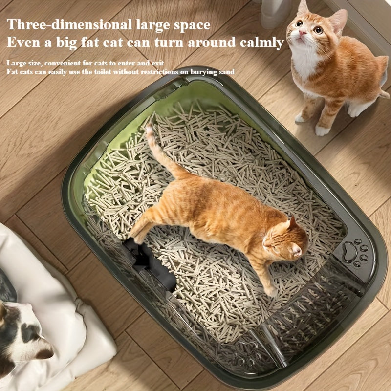 Durable ABS litter box with splash guard in 3 colors, includes scoop.