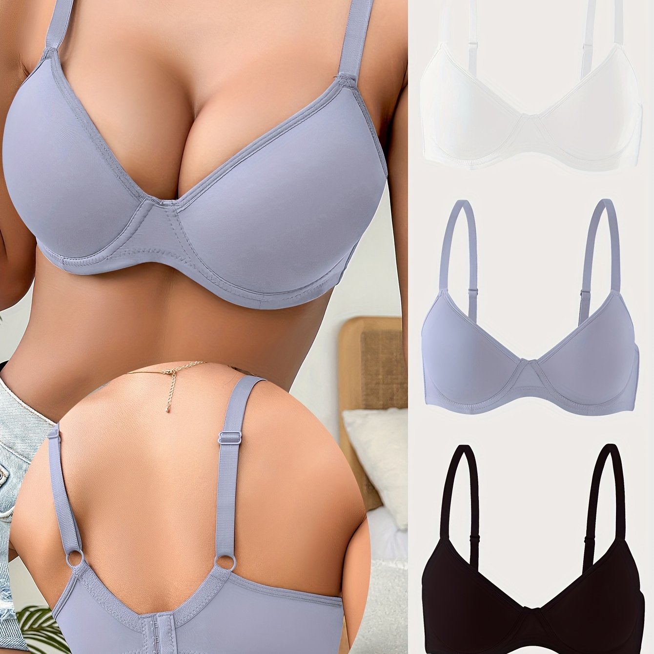 Simple Solid Seamless Bra Set, Comfortable Push-Up Lingerie for Women.