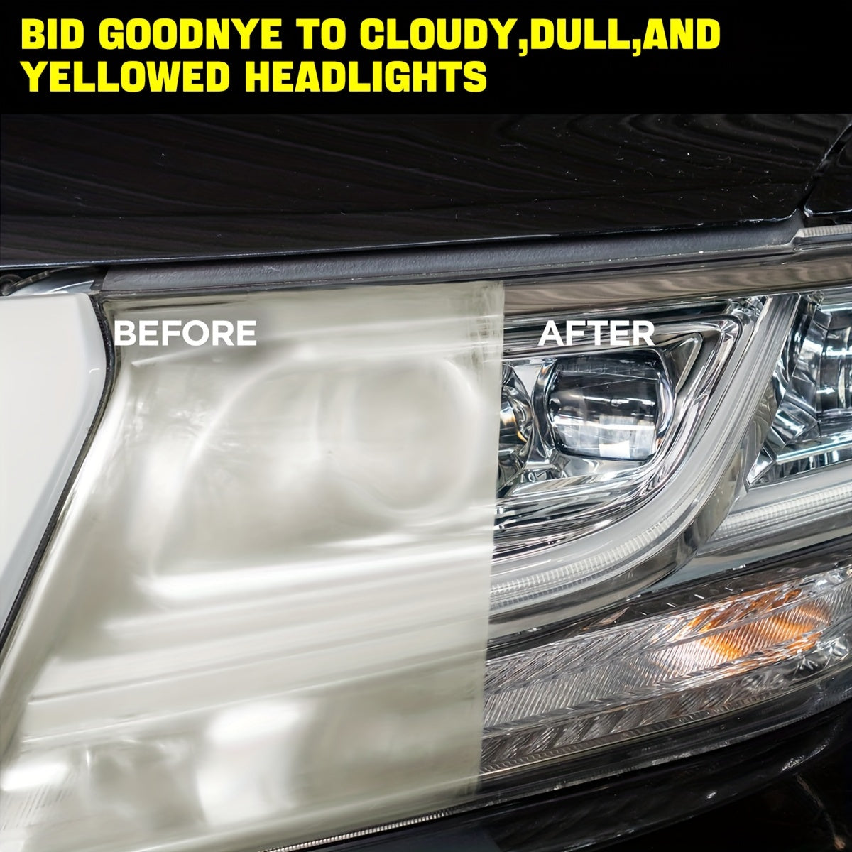 Restore car headlights with a milk-based brightening agent that eliminates yellowing, aging, and the need for polishing.