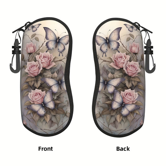 Fashionable Women's Flowers and Butterflies Glasses Case - Portable Rubber Zipper Glasses Case with Sunglasses Cover